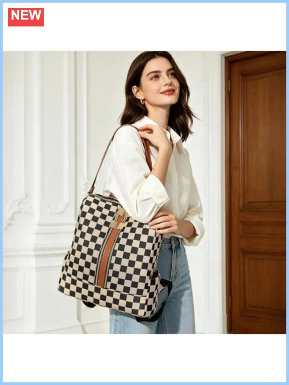Checkered Backpack Purse for Women Plaid Canvas PU Leather Travel Daypack